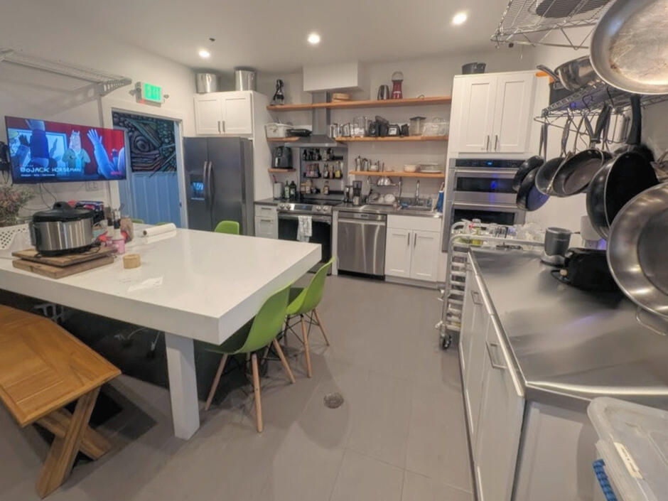 Double-sided kitchen, huge marble dining table